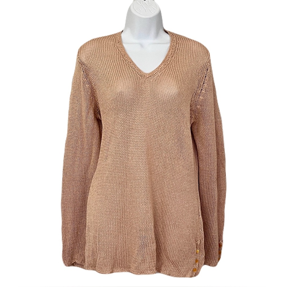 J. McLaughlin Tan Open Weave Linen-Blend V-Neck Sweater, Size M